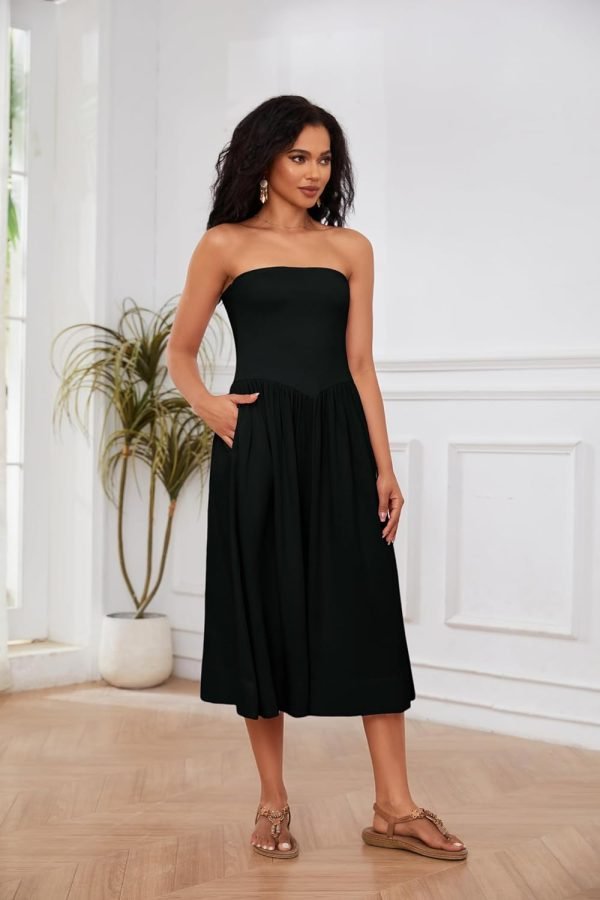 Women Off Shoulder Midi Dress Strapless Sleeveless Drop-Waist A Line Tube Dress Trendy Summer Swing Patchwork Dress