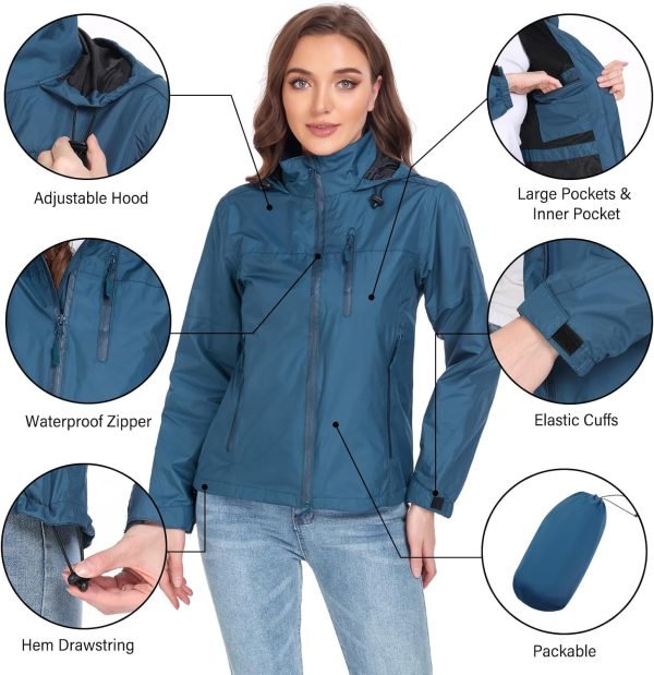 Packable Rain Jacket Women Lightweight Waterproof Raincoat for Women with Hood Windbreaker for Outdoor Travel Hiking