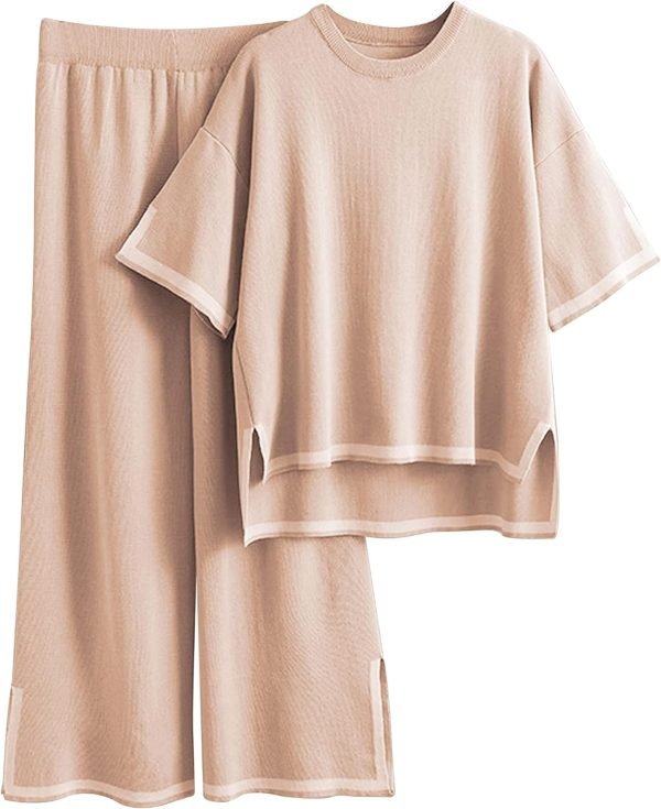 Womens Knit 2 Piece Sweater Sets Short Sleeve Pullover Tops Elastic Waist Wide Leg Pants Lounge Set