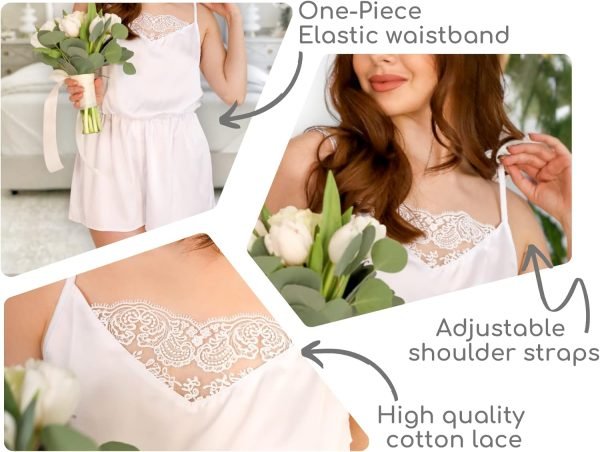 71uph9EJdlL._AC_SL1500 Women’s White Lace Romper- Comfy Vegan Silk One Piece Pajama With Shorts