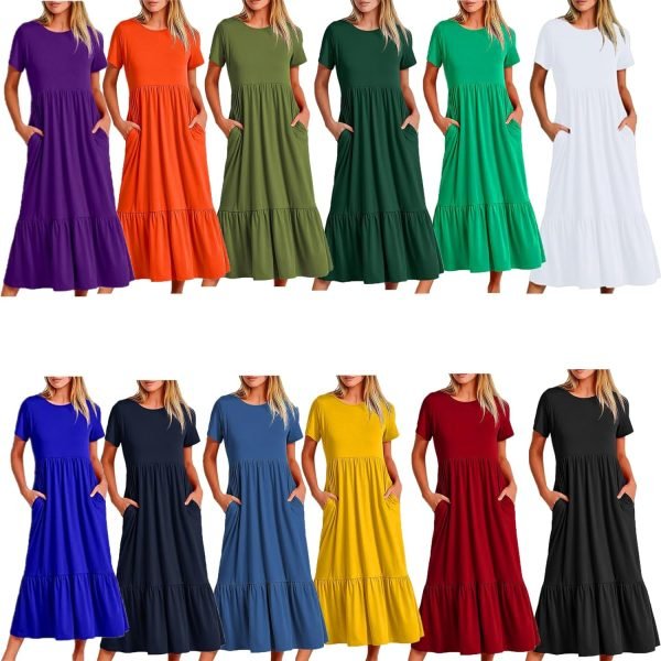 Womens Summer Dresses Casual Short Sleeve Crewneck Swing Dress Casual Tiered t Shirt Dress with Pockets 2024 Trendy Outfits