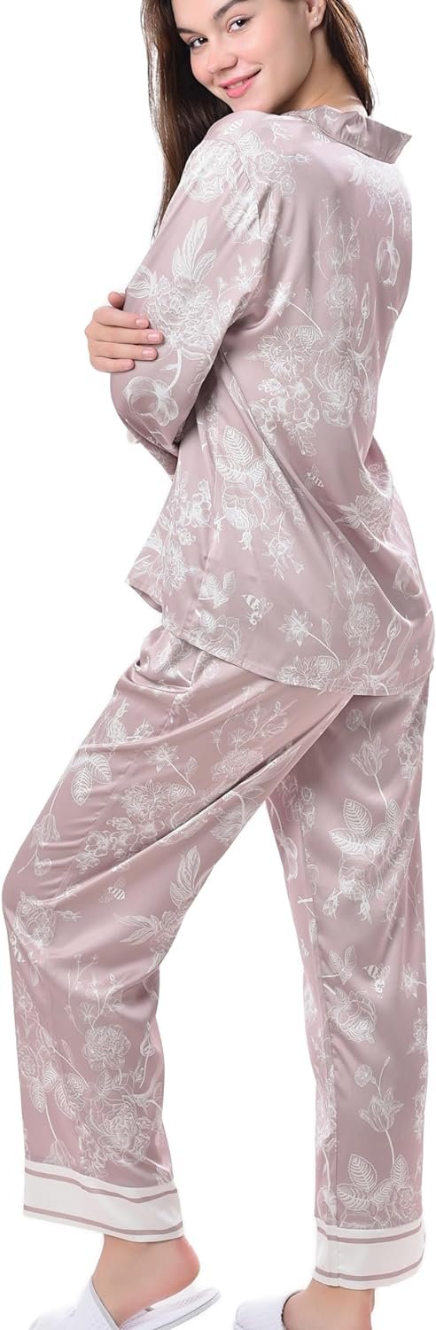 Women's Silky Satin Pajamas Set Long sleeve and Pants Sleepwear Soft and Comfy Button Down Loungewear Relaxed Fit