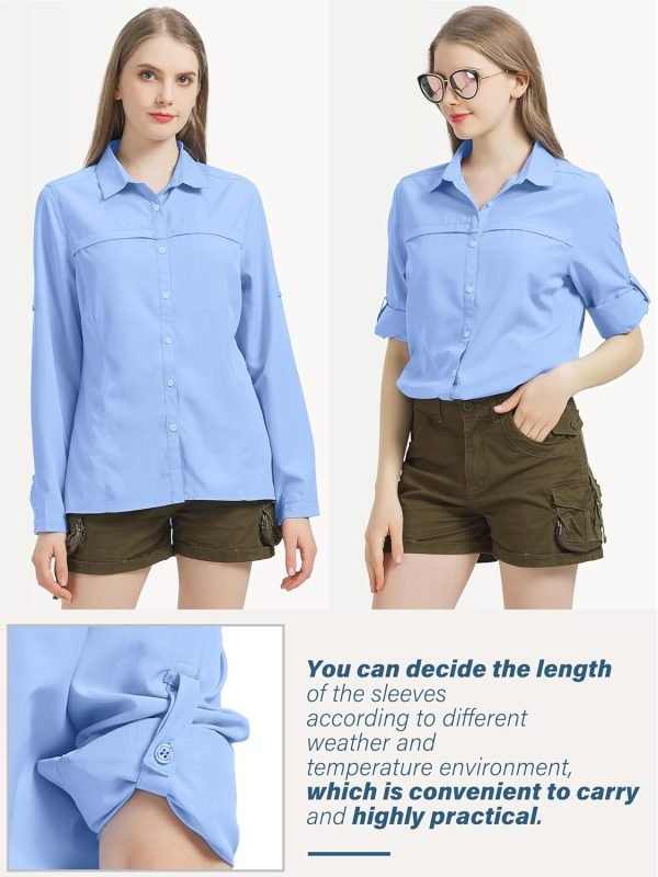 Womens Sun Protection Safari Shirt Quick Dry SPF 50 UV Lightweight Fishing Travel Hiking Outdoor Shirts with Zipper Pockets