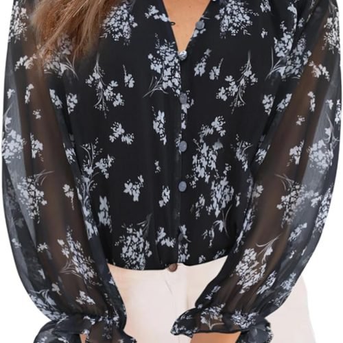 Womens Casual Boho Floral Print V Neck Long Sleeve Blouses Button Down Shirts Dressy Chiffon Loose Ruffle Tops