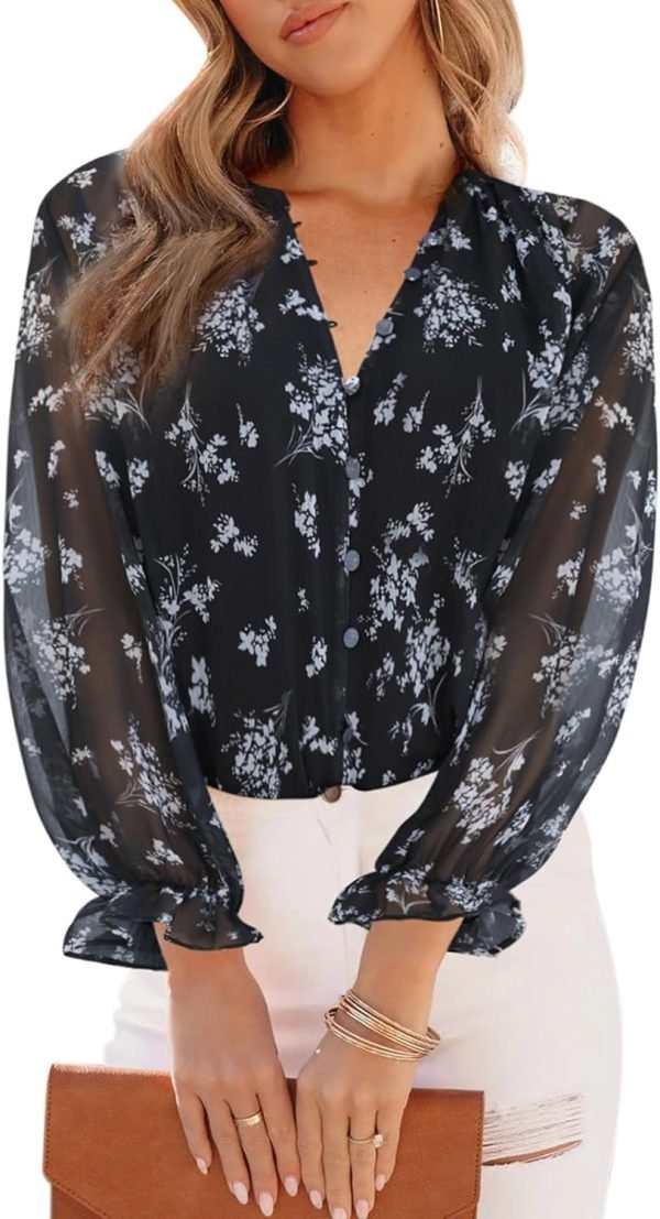 Womens Casual Boho Floral Print V Neck Long Sleeve Blouses Button Down Shirts Dressy Chiffon Loose Ruffle Tops