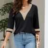 811F5bExjwL._AC_SL1500 Women's Casual 3/4 Sleeve Shirts Lace V Neck Color Block Dressy Tops Trendy Hollow Floral Blouses T Shirts S-XXL