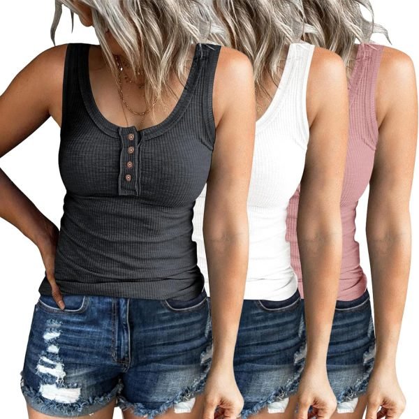 811oBDhh2sL._AC_SL1500 3 Pack Women Tank Tops Ribbed Summer Casual Sleeveless Basic Cami Top Slim Henley Button Down Blouses