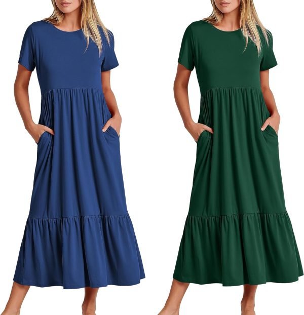 Womens Summer Dresses Casual Short Sleeve Crewneck Swing Dress Casual Tiered t Shirt Dress with Pockets 2024 Trendy Outfits