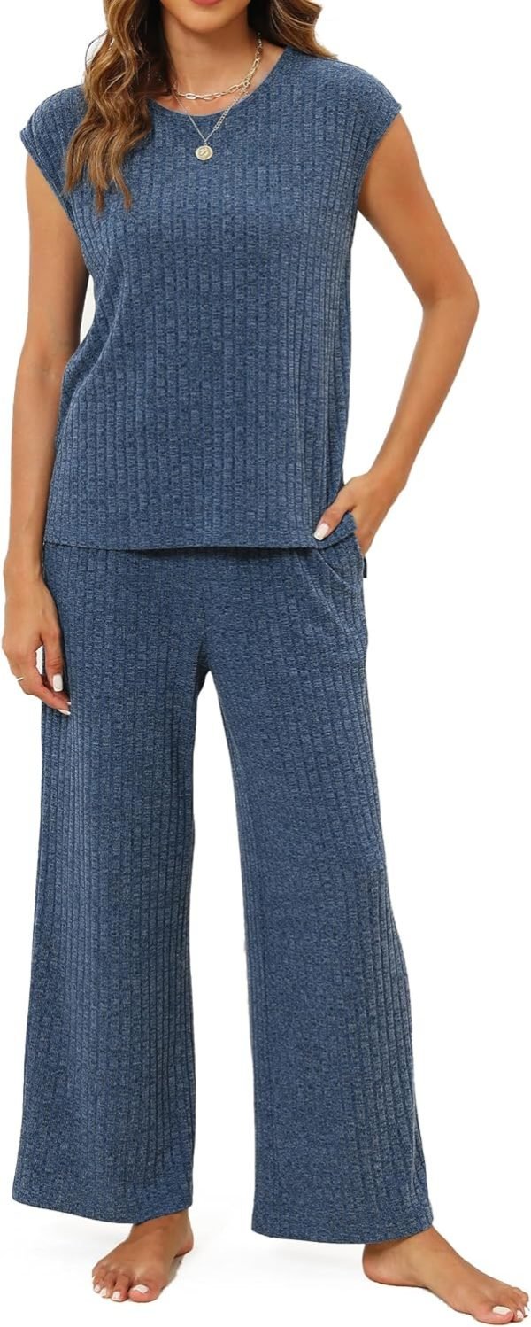 Pajama Sets for Women 2 Piece Ribbed Knit Summer Cute Pj Set Comfy Matching Lounge Sets Loungewear Sleepwear