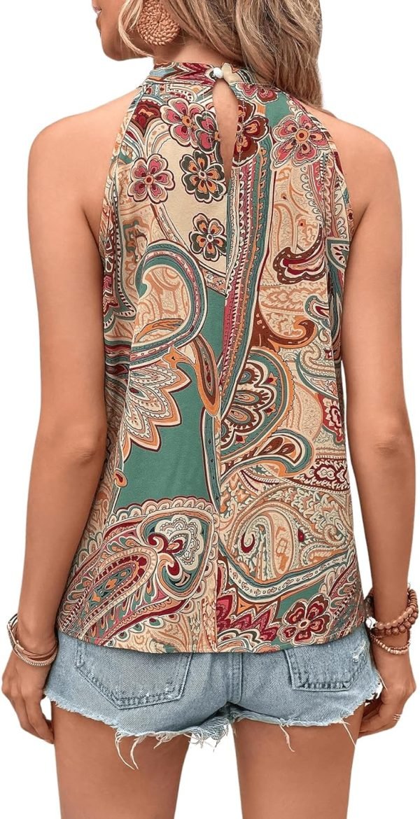 81DHffpZkPL._AC_SL1500 Women's Tropical Paisley Print Halter Blouse Sleeveless Boho Shirt Tops Button Back Vacation Tops