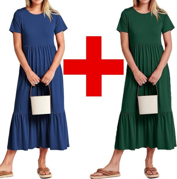 Womens Summer Dresses Casual Short Sleeve Crewneck Swing Dress Casual Tiered t Shirt Dress with Pockets 2024 Trendy Outfits