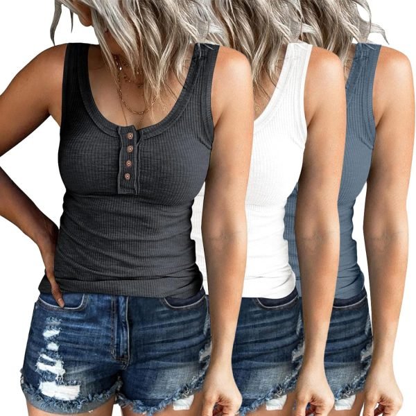 81Fq9gt84SL._AC_SL1500 3 Pack Women Tank Tops Ribbed Summer Casual Sleeveless Basic Cami Top Slim Henley Button Down Blouses