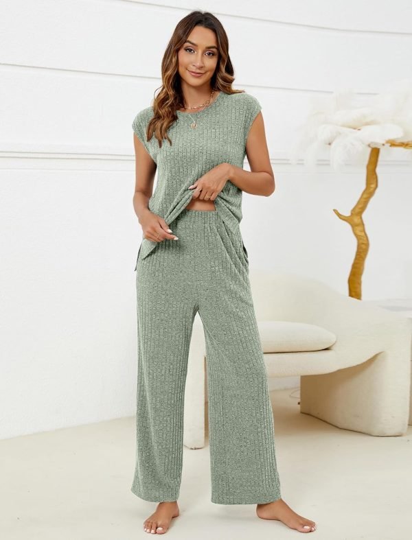 Pajama Sets for Women 2 Piece Ribbed Knit Summer Cute Pj Set Comfy Matching Lounge Sets Loungewear Sleepwear