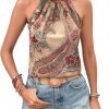 81O7k1f9jfL._AC_SL1500 Women's Tropical Paisley Print Halter Blouse Sleeveless Boho Shirt Tops Button Back Vacation Tops