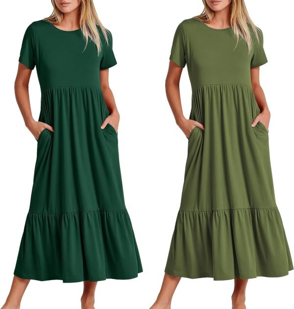 Womens Summer Dresses Casual Short Sleeve Crewneck Swing Dress Casual Tiered t Shirt Dress with Pockets 2024 Trendy Outfits