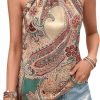 81RBcftuyRL._AC_SL1500 Women's Tropical Paisley Print Halter Blouse Sleeveless Boho Shirt Tops Button Back Vacation Tops