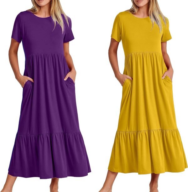 Womens Summer Dresses Casual Short Sleeve Crewneck Swing Dress Casual Tiered t Shirt Dress with Pockets 2024 Trendy Outfits