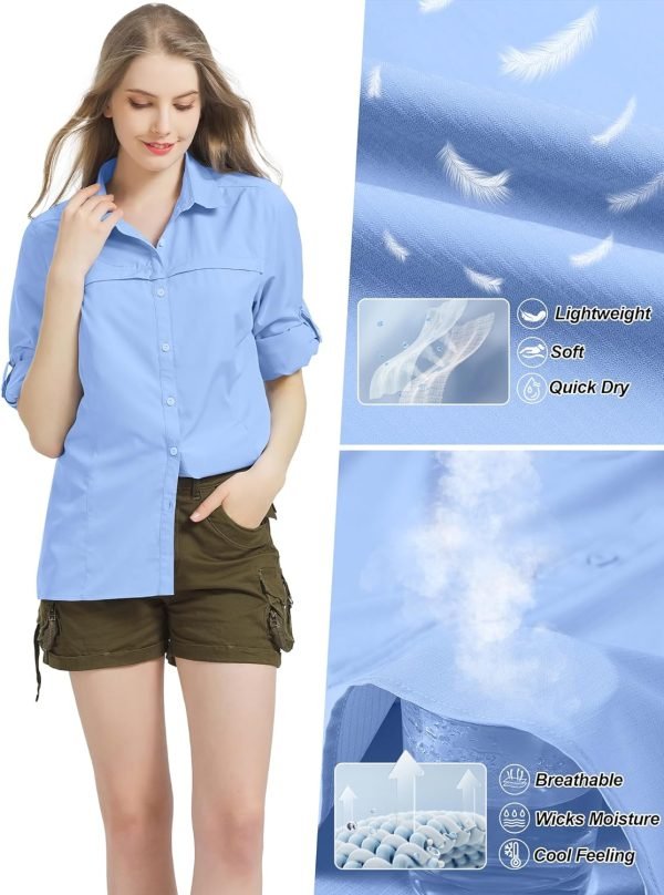 Womens Sun Protection Safari Shirt Quick Dry SPF 50 UV Lightweight Fishing Travel Hiking Outdoor Shirts with Zipper Pockets
