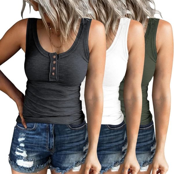 81kZIynw5nL._AC_SL1500 3 Pack Women Tank Tops Ribbed Summer Casual Sleeveless Basic Cami Top Slim Henley Button Down Blouses