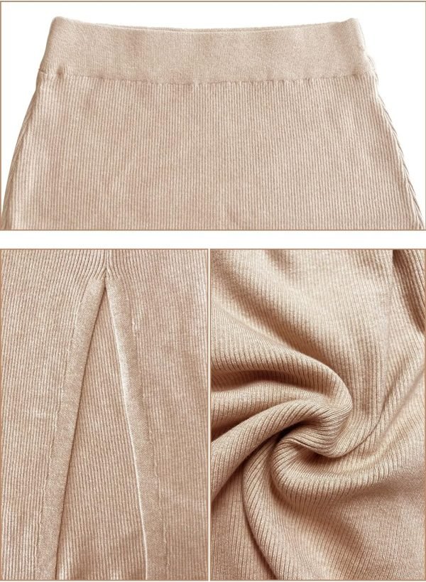 Midi Pencil Basic Skirt Casual Solid Split Side Stretchy Ribbed Knit Bodycon Mid Length Skirts for Women