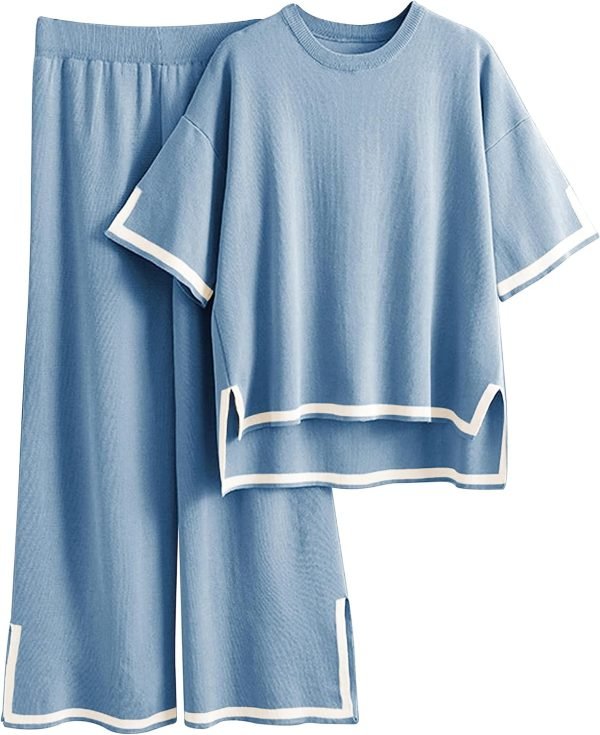 Womens Knit 2 Piece Sweater Sets Short Sleeve Pullover Tops Elastic Waist Wide Leg Pants Lounge Set
