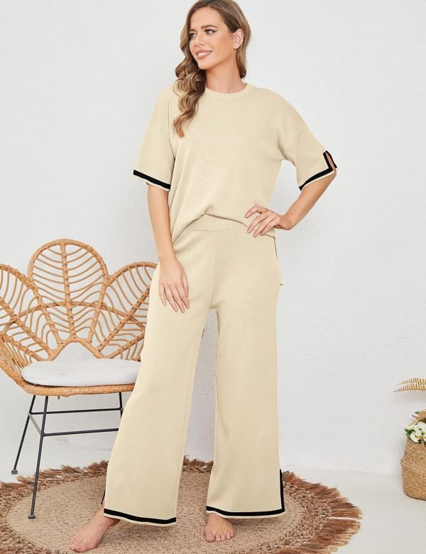 Womens Knit 2 Piece Sweater Sets Short Sleeve Pullover Tops Elastic Waist Wide Leg Pants Lounge Set