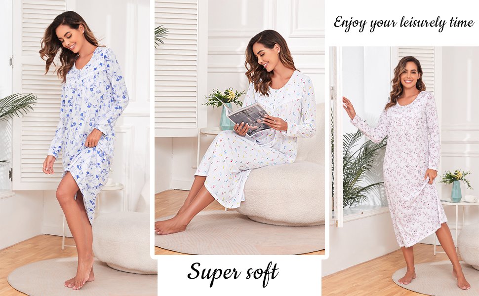 Long cotton nightgown for women long sleeve pajamas