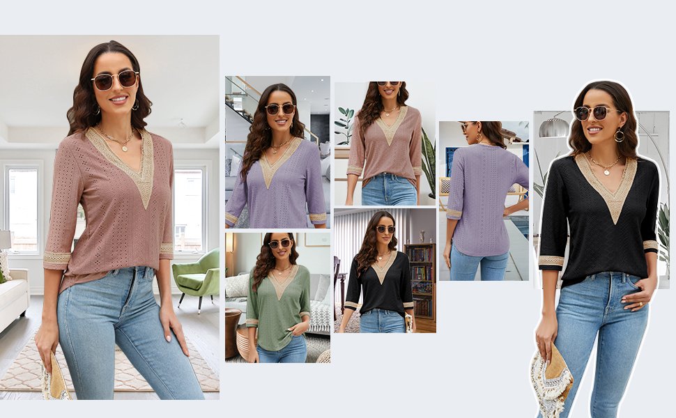 V neck tops 3 4 sleeves women's black tops women's green tops women's black shirts women's green shirts